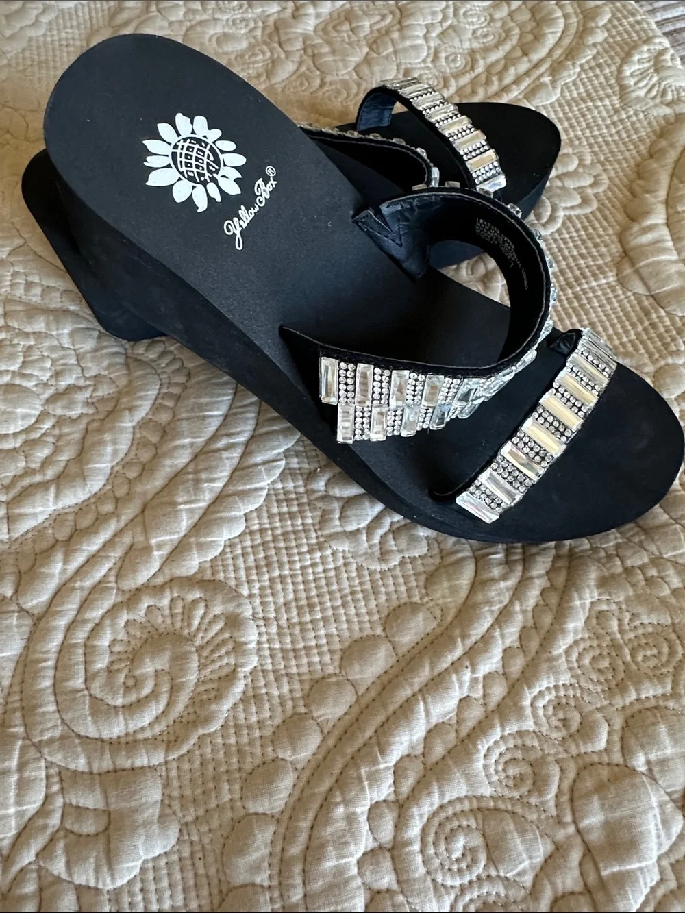 Yellow Box Black Slide Sandals with Silver Jeweled Straps